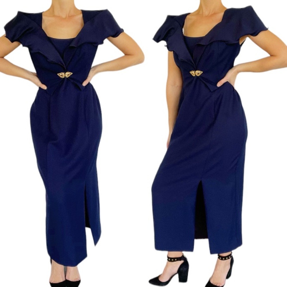Vintage Alex Evenings navy blue formal dress shrug matching set size 12